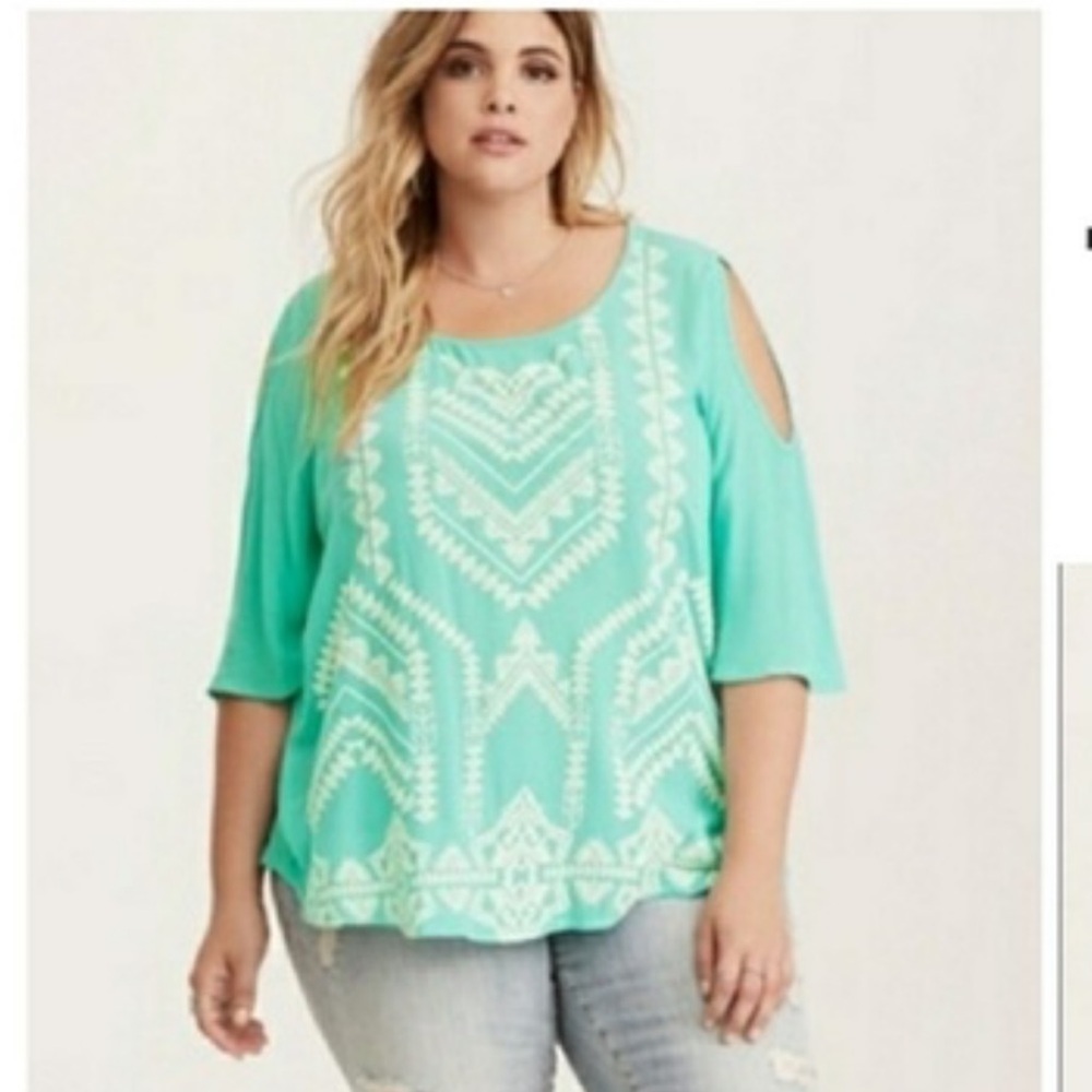 Torrid Teal Embroidered Aztec Cold Shoulder Blouse Size 2 / 2X